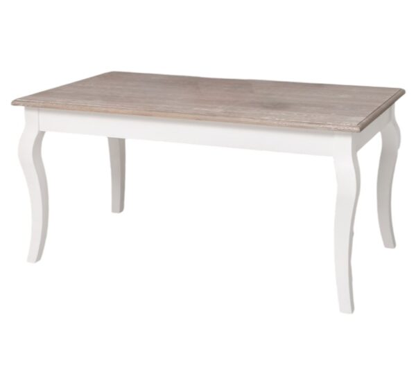 Landelijke rechthoekige eettafel met vier poten. Gemaakt van massief eiken hout in de kleur naturel met wit onderstuk. Het meubel kan op verschillende manieren geverfd worden in verschillende kleuren en kan op maat gemaakt worden. Villa Laura