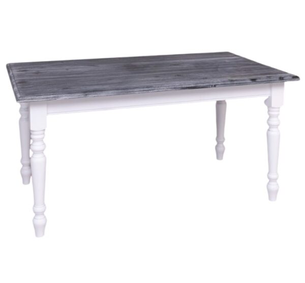 Landelijke rechthoekige eettafel gemaakt van eiken hout, kan in verschillende maten. Het tafelblad is in de kleur black grey wash. Het onderstel is in de kleur gebroken wit. De tafel kan op verschillende manieren geverfd worden in verschillende kleuren en kan op maat gemaakt worden. Villa Laura