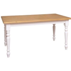Landelijke rechthoekige eettafel gemaakt van eiken hout, kan in verschillende maten. Het tafelblad is in de kleur licht eiken naturel. Het onderstel is in de kleur gebroken wit. De tafel kan op verschillende manieren geverfd worden in verschillende kleuren en kan op maat gemaakt worden. Villa Laura