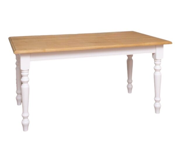 Landelijke rechthoekige eettafel gemaakt van eiken hout, kan in verschillende maten. Het tafelblad is in de kleur licht eiken naturel. Het onderstel is in de kleur gebroken wit. De tafel kan op verschillende manieren geverfd worden in verschillende kleuren en kan op maat gemaakt worden. Villa Laura
