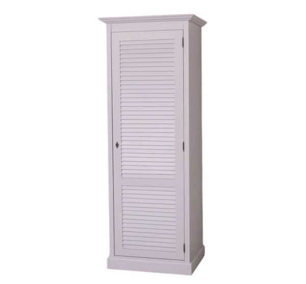 landelijke kledingkast met louvre shutter deuren. de kledingkast heeft planken en een roede. Gemaakt van massief hout eiken. de opbergkast is wit van kleur grijs, zand taupe. de afmeting is 76 cm breed of het kan op maat gemaakt worden. Villa Laura