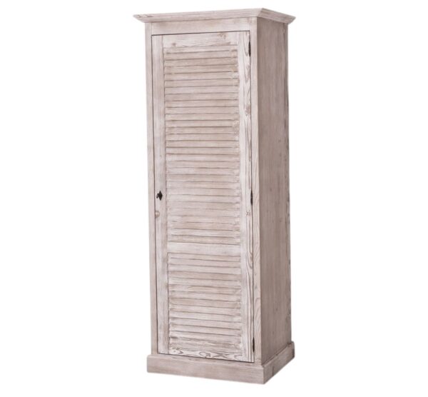 landelijke kledingkast met louvre shutter deuren. de kledingkast heeft planken en een roede. Gemaakt van massief hout eiken. de opbergkast is wit van kleur rustiek natuurlijk warm hout. de afmeting is 76 cm breed of het kan op maat gemaakt worden. Villa Laura