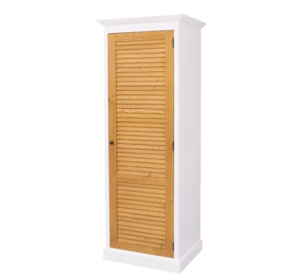 landelijke kledingkast met louvre shutter deuren. de kledingkast heeft planken en een roede. Gemaakt van massief hout eiken. de opbergkast is wit van kleur aan de buitenkant en deur is natuurlijk warm hout. de afmeting is 76 cm breed of het kan op maat gemaakt worden. Villa Laura