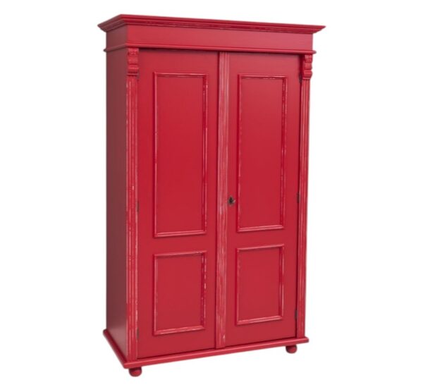 landelijk klassiek 2-deurs kledingkast/opbergkast. de kledingkast heeft een roede met daarboven een legplank. Gemaakt van massief hout eiken in de kleur rood vintagelook. de kledingkast is 110 cm breed of het kan op maat gemaakt worden. Villa Laura