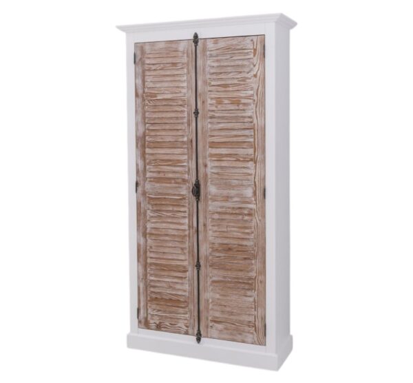 landelijke kledingkast/opbergkast met louvre shutter deuren en een espagnolet als sluiting. de kledingkast heeft een gedeelte hang en legplanken. Gemaakt van massief hout eiken. In de kleur wit met beach wood, ibiza hout. de afmeting is 109 cm breed of het kan op maat gemaakt worden. Villa Laura