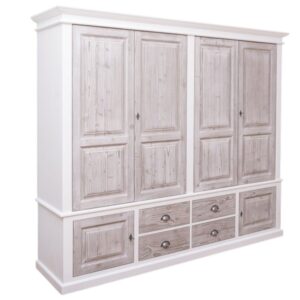 een groot landelijk klassiek 4-deurs kledingkast met lades en deuren. de indeling is een gedeelte hang en legplanken die verstelbaar zijn. Gemaakt van massief hout eiken in de kleur wit en white wash. de kledingkast is 232 lang of het kan op maat gemaakt worden. Villa Laura
