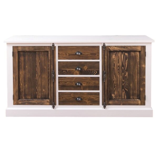 landelijke, klassieke dressoir met lades en deuren met een Franse espagnolet sluiting. Gemaakt van massief hout eiken in de kleur gebroken wit/rustiek gebrand warm bruin. Het kan op maat gemaakt worden. Villa Laura