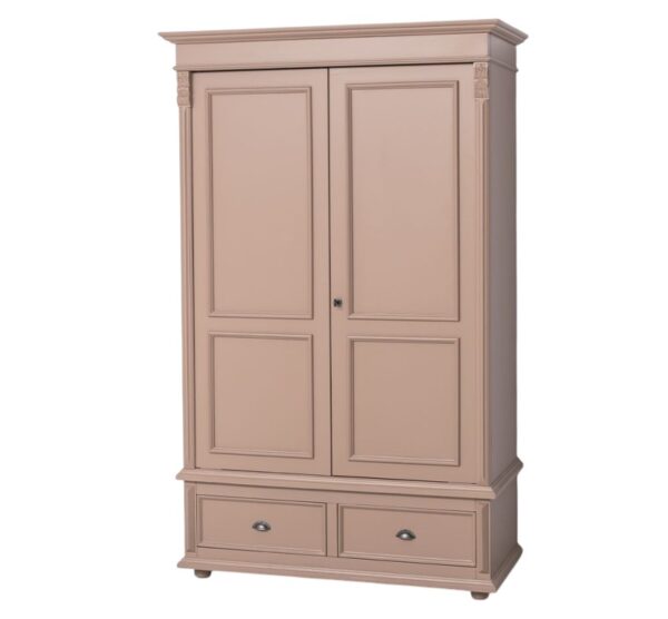 landelijk klassiek 2-deurs kledingkast/opbergkast met lades en mooie bolpoten en bloem ornamenten. de indeling is een gedeelte hang en legplanken. Gemaakt van massief hout eiken in de kleur taupe, beige, zand. de kledingkast is 128 lang of het kan op maat gemaakt worden. Villa Laura