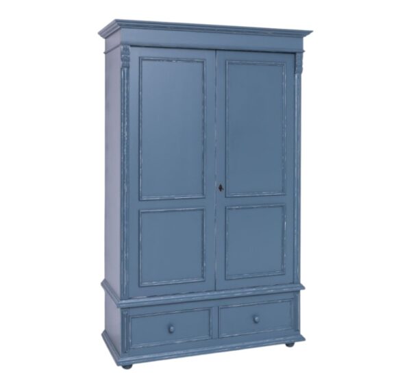 landelijk klassiek 2-deurs kledingkast/opbergkast met lades en mooie bolpoten en bloem ornamenten. de indeling is een gedeelte hang en legplanken. Gemaakt van massief hout eiken in de kleur kobalt blauw. de kledingkast is 128 lang of het kan op maat gemaakt worden. Villa Laura