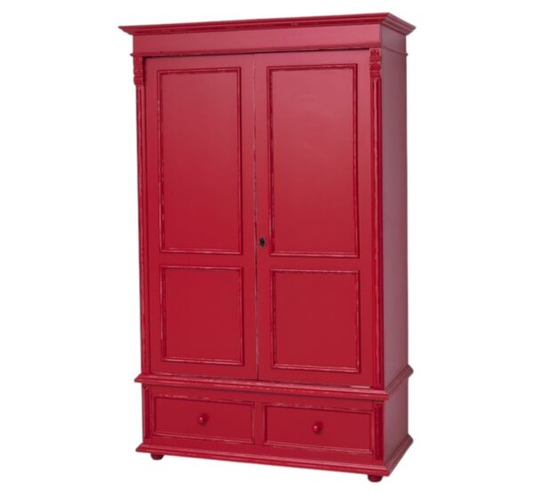 landelijk klassiek 2-deurs kledingkast/opbergkast met lades en mooie bolpoten en bloem ornamenten. de indeling is een gedeelte hang en legplanken. Gemaakt van massief hout eiken in de kleur kobalt rood. de kledingkast is 128 lang of het kan op maat gemaakt worden. Villa Laura