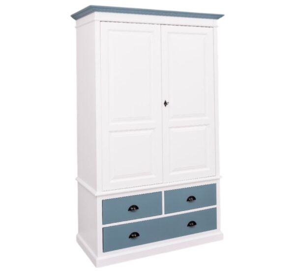 landelijke klassieke kledingkast met lades en 2 deuren. de kledingkast heeft een gedeelte hang en legplanken. Gemaakt van massief hout eiken in de kleur wit en blauw. Het kan op maat gemaakt worden. Villa Laura