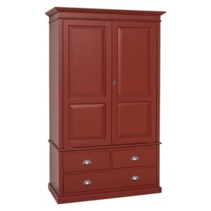 landelijke klassieke kledingkast met lades en 2 deuren. de kledingkast heeft een gedeelte hang en legplanken. Gemaakt van massief hout eiken in de kleur licht bordeaux rood. Het kan op maat gemaakt worden. Villa Laura