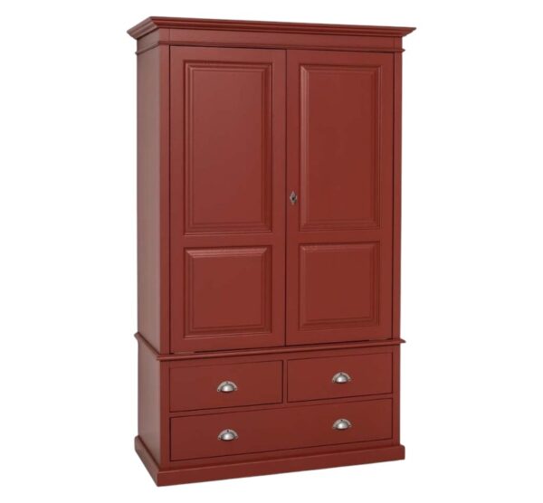 landelijke klassieke kledingkast met lades en 2 deuren. de kledingkast heeft een gedeelte hang en legplanken. Gemaakt van massief hout eiken in de kleur licht bordeaux rood. Het kan op maat gemaakt worden. Villa Laura