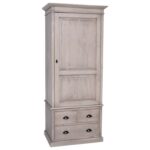 landelijke klassieke kledingkast met lades en 2 deuren. de kledingkast heeft een gedeelte hang en legplanken. Gemaakt van massief hout eiken in de kleur vergrijst eiken hout. Het kan op maat gemaakt worden. Villa Laura