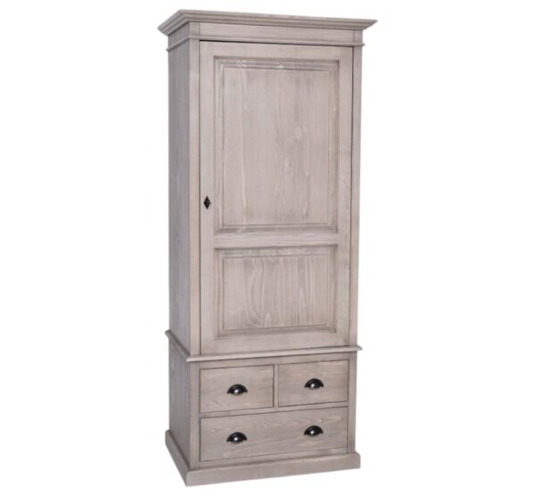 landelijke klassieke kledingkast met lades en 2 deuren. de kledingkast heeft een gedeelte hang en legplanken. Gemaakt van massief hout eiken in de kleur vergrijst eiken hout. Het kan op maat gemaakt worden. Villa Laura