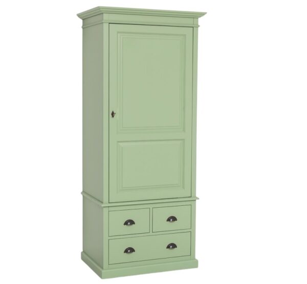landelijke klassieke kledingkast met lades en 2 deuren. de kledingkast heeft een gedeelte hang en legplanken. Gemaakt van massief hout eiken in de kleur groen, olijfgroen. Het kan op maat gemaakt worden. Villa Laura