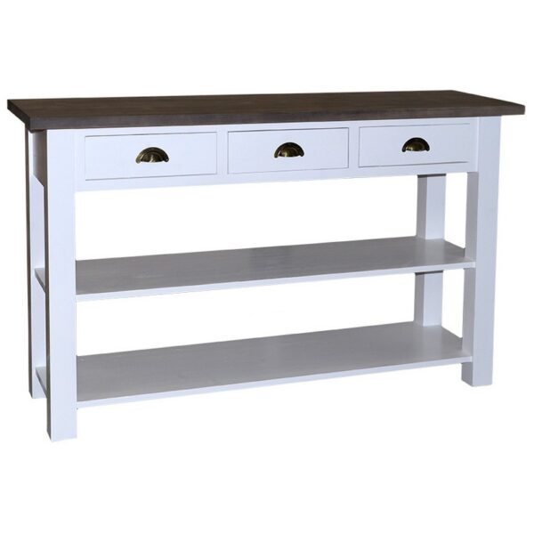 Landelijke sidetable / winkeldisplay met drie lades en twee planken. Gemaakt van massief eiken hout in de kleur wit met zwart. Het meubel kan op verschillende manieren geverfd worden in verschillende kleuren en kan op maat gemaakt worden. Villa Laura