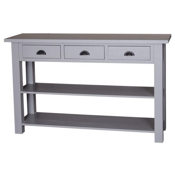 Landelijke sidetable / winkeldisplay met drie lades en twee planken. Gemaakt van massief eiken hout in de kleur grijs. Het meubel kan op verschillende manieren geverfd worden in verschillende kleuren en kan op maat gemaakt worden. Villa Laura