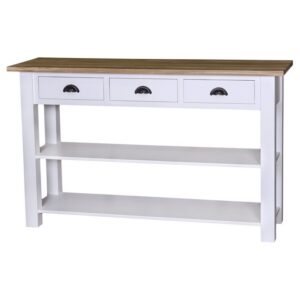 Landelijke sidetable / winkeldisplay met drie lades en twee planken. Gemaakt van massief eiken hout in de kleur wit met naturel. Het meubel kan op verschillende manieren geverfd worden in verschillende kleuren en kan op maat gemaakt worden. Villa Laura