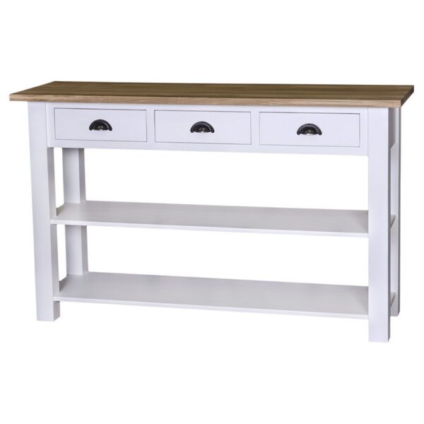 Landelijke sidetable / winkeldisplay met drie lades en twee planken. Gemaakt van massief eiken hout in de kleur wit met naturel. Het meubel kan op verschillende manieren geverfd worden in verschillende kleuren en kan op maat gemaakt worden. Villa Laura