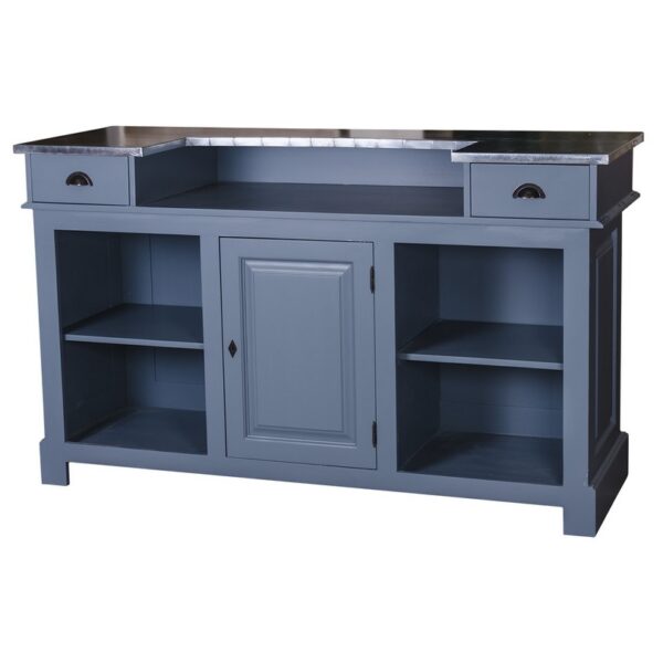 Modern landelijke eiken balie/toonbank met 2 lades, 1 kastje en 4 vakken voor opberg. De volledige kast is in de kleur blauw en het bovenblad is in de kleur pure chocolade met glans. Villa Laura