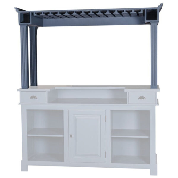 Bar met 2 lades, 1 kastje en 2 open vakken voor opberg en bovenop een verlengstuk voor glazen. Het is een landelijke stijl. De bovenkant van de kast is in de kleur blauw en de onderkast is in de kleur gebroken wit. Villa Laura