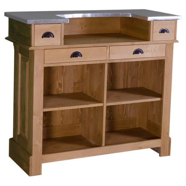 Landelijke bar met vier vakken en vier lades. Gemaakt van massief eiken hout in de kleur wax finish naturel met zwart ijzeren blad. Het meubel kan op verschillende manieren geverfd worden in verschillende kleuren en kan op maat gemaakt worden. Villa Laura