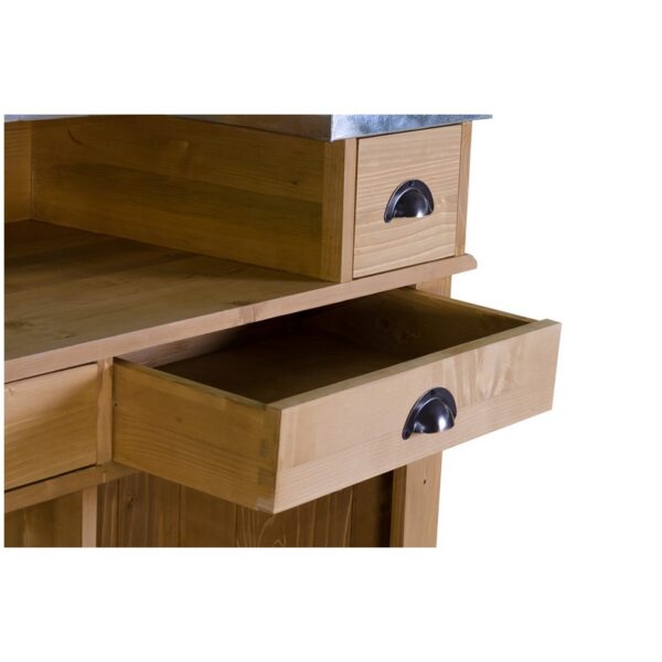 Landelijke bar met vier vakken en vier lades. Gemaakt van massief eiken hout in de kleur wax finish naturel met zwart ijzeren blad. Het meubel kan op verschillende manieren geverfd worden in verschillende kleuren en kan op maat gemaakt worden. Villa Laura