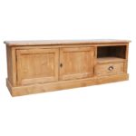 Landelijk tv meubel met 2 kastjes, 1 kleine lade en een open vak. Gemaakt van massief hout eiken in de kleur wax finish bruin. Het tv meubel kan op verschillende manieren geverfd worden in verschillende kleuren en kan op maat gemaakt worden. Villa Laura