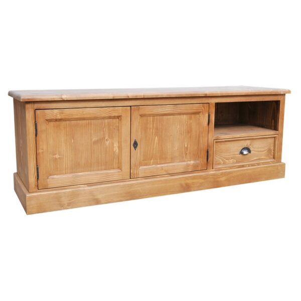 Landelijk tv meubel met 2 kastjes, 1 kleine lade en een open vak. Gemaakt van massief hout eiken in de kleur wax finish bruin. Het tv meubel kan op verschillende manieren geverfd worden in verschillende kleuren en kan op maat gemaakt worden. Villa Laura