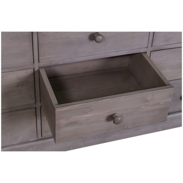 Landelijke ladekast met 9 grote lades en 3 uitschuifbare planken. Gemaakt van massief eiken hout in de kleur wax finish grijs. Het meubel kan op verschillende manieren geverfd worden in verschillende kleuren en kan op maat gemaakt worden. Villa Laura