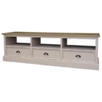 Landelijke tv meubel met 3 lades en 3 open vakken voor opbergruimte. Gemaakt van massief eiken hout in de kleur grijs met een wax finish naturel blad. Het tv meubel kan op verschillende manieren geverfd worden in verschillende kleuren en kan op maat gemaakt worden. Villa Laura