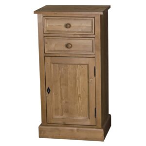 Landelijk hoog nachtkastje met 2 lades en een deurtje. Gemaakt van massief eiken hout in de kleur wax finish bruin. Het meubel kan op verschillende manieren geverfd worden in verschillende kleuren en kan op maat gemaakt worden. Villa Laura