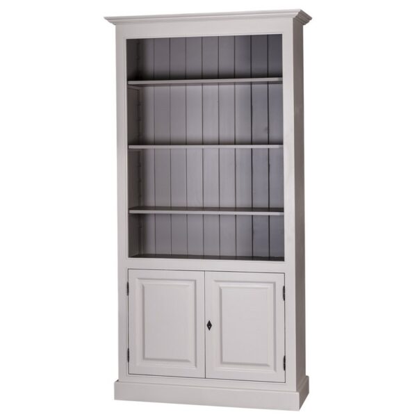 Landelijke smalle buffetkast met vier planken en 2 kastjes. Gemaakt van massief eiken hout in de kleur grijs. Het meubel kan op verschillende manieren geverfd worden in verschillende kleuren en kan op maat gemaakt worden. Villa Laura