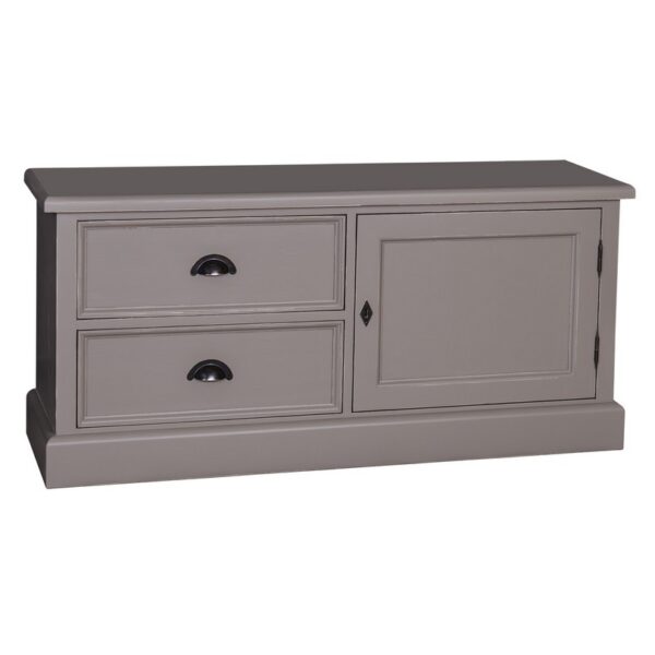Landelijk tv meubel met twee lades en een deurtje. Gemaakt van massief eiken hout in de kleur taupe, grijs. Het meubel kan op verschillende manieren geverfd worden in verschillende kleuren en kan op maat gemaakt worden. Villa Laura