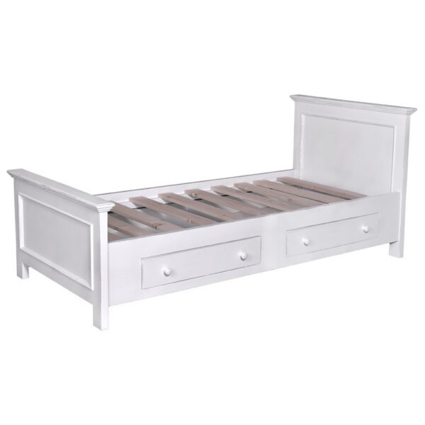 Landelijke, klassieke, extravagante houten eenpersoons bed met twee lades. Gemaakt van massief hout eiken in de kleur wit. Het bed kan op verschillende manieren geverfd worden in verschillende kleuren en kan op maat gemaakt worden. Villa Laura