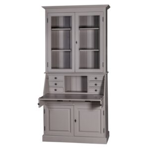 Landelijke secretaire met bovenkast met genoeg opbergruimte. Secretaire bestaat uit een 2 deurtjes, 2 lades en een groot vak wat open gemaakt kan worden als bureau. De bovenkant heeft twee lange deurtjes met glas waar planken achter zitten. Gemaakt van massief eiken hout in de kleur grijs. De kast kan op verschillende manieren geverfd worden in verschillende kleuren en kan op maat gemaakt worden. Villa Laura