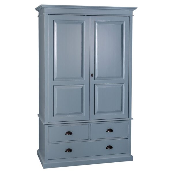 landelijke klassieke kledingkast met lades en 2 deuren. de kledingkast heeft een gedeelte hang en legplanken. Gemaakt van massief hout eiken in de kleur blauw. Het kan op maat gemaakt worden. Villa Laura