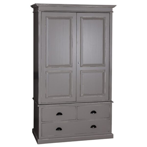 landelijke klassieke kledingkast met lades en 2 deuren. de kledingkast heeft een gedeelte hang en legplanken. Gemaakt van massief hout eiken in de kleur ijsgrijs. Het kan op maat gemaakt worden. Villa Laura