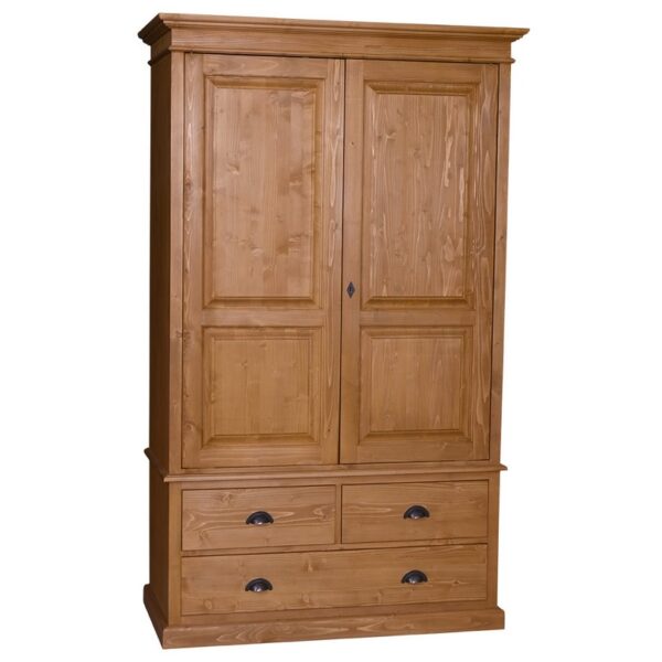 landelijke klassieke kledingkast met lades en 2 deuren. de kledingkast heeft een gedeelte hang en legplanken. Gemaakt van massief hout eiken in de kleur bruin. Het kan op maat gemaakt worden. Villa Laura