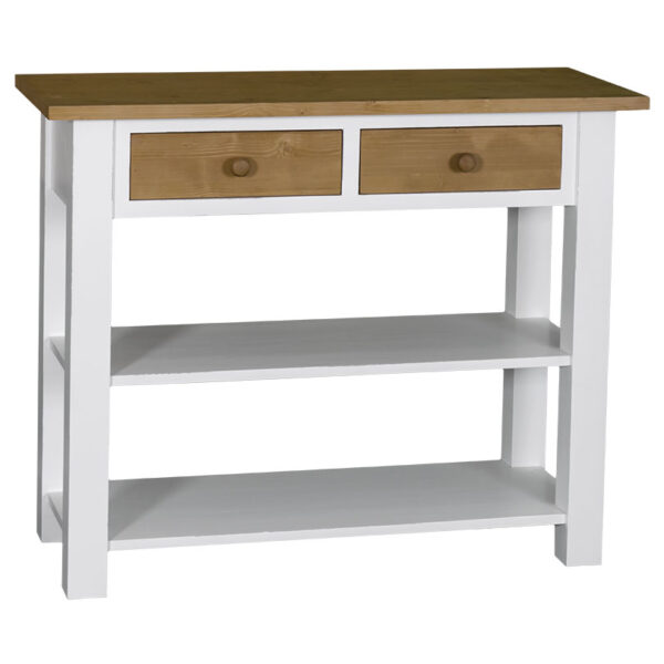 Landelijke side table met twee lades en twee planken. Gemaakt van massief eiken hout in de kleur wit met naturel. Het meubel kan op verschillende manieren geverfd worden in verschillende kleuren en kan op maat gemaakt worden. Villa Laura