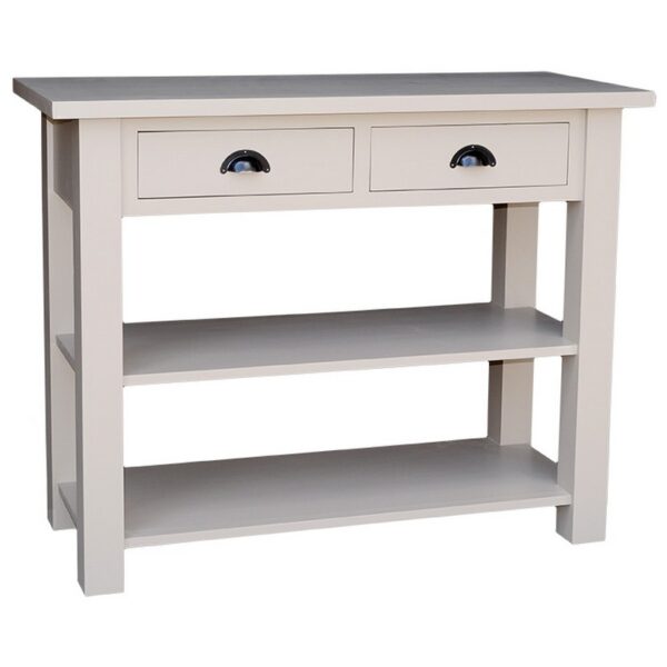 Landelijke side table met twee lades en twee planken. Gemaakt van massief eiken hout in de kleur lichtgroen. Het meubel kan op verschillende manieren geverfd worden in verschillende kleuren en kan op maat gemaakt worden. Villa Laura