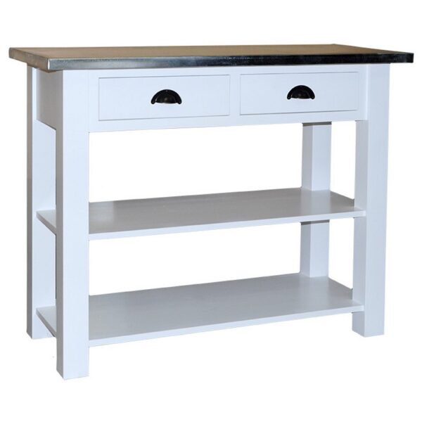 Landelijke side table met twee lades en twee planken. Gemaakt van massief eiken hout in de kleur wit met zinken blad. Het meubel kan op verschillende manieren geverfd worden in verschillende kleuren en kan op maat gemaakt worden. Villa Laura
