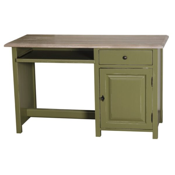 Landelijk bureau met deur, lade en onderblad voor opbergruimte. Gemaakt van massief eiken hout in de kleur groen met een warm bruin eiken blad. Het meubel kan op verschillende manieren geverfd worden in verschillende kleuren en kan op maat gemaakt worden. Villa Laura