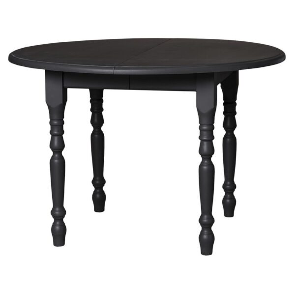 Landelijke ronde uitschuifbare tafel met klassieke poten die op maat gemaakt kan worden. De gehele tafel is in de kleur zwart. Villa Laura