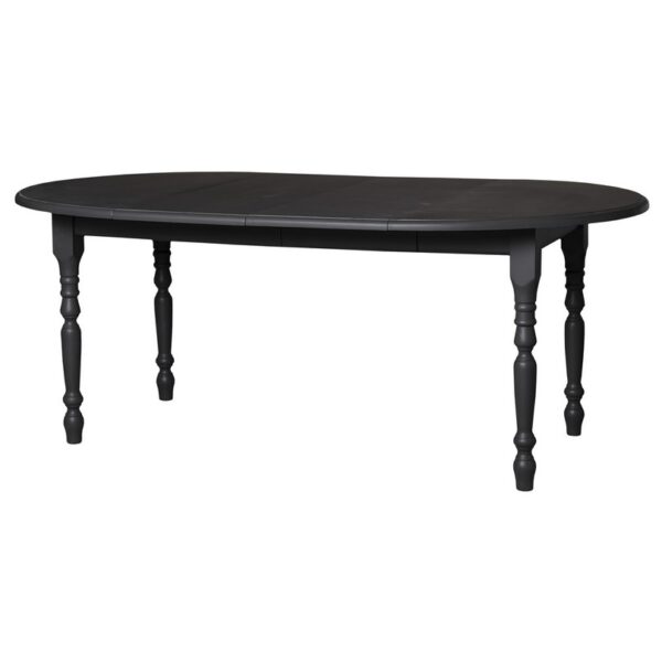 Landelijke ovale uitschuifbare tafel met klassieke poten die op maat gemaakt kan worden. De gehele tafel is in de kleur zwart. Villa Laura