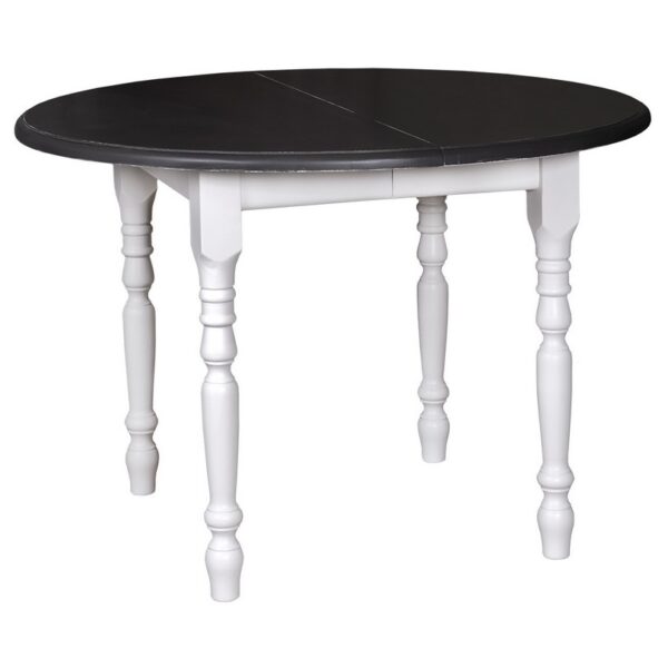 Landelijke ronde uitschuifbare tafel met klassieke poten die op maat gemaakt kan worden. Het blad van de tafel is in de kleur zwart en het onderstel in de kleur gebroken wit. Villa Laura