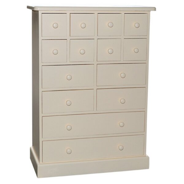 Landelijke hoge ladekast met veertien lades in verschillende formaten voor opbergruimte. Gemaakt van massief eiken hout in de kleur licht beige. Het meubel kan op verschillende manieren geverfd worden in verschillende kleuren en kan op maat gemaakt worden. Villa Laura