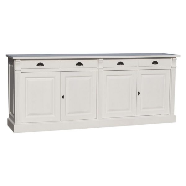 landelijk klassiek dressoir met 4 lades en 4 deuren voor veel opbergruimte. Gemaakt van massief hout eiken in de kleur wit. Het kan op maat gemaakt worden. Villa Laura