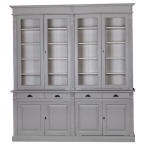 landelijk klassieke bibliotheekkast met lades en deuren. de planken in de kast zijn verstelbaar. Gemaakt van massief hout eiken in de kleur zand, beige, grijs. Het kan op maat gemaakt worden. Villa Laura